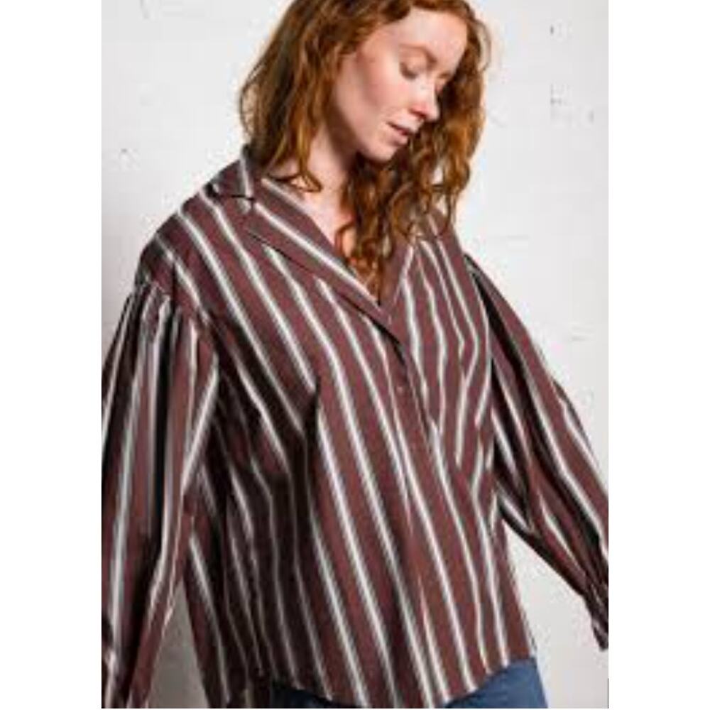 Striped Button-Front Blouse in Brown